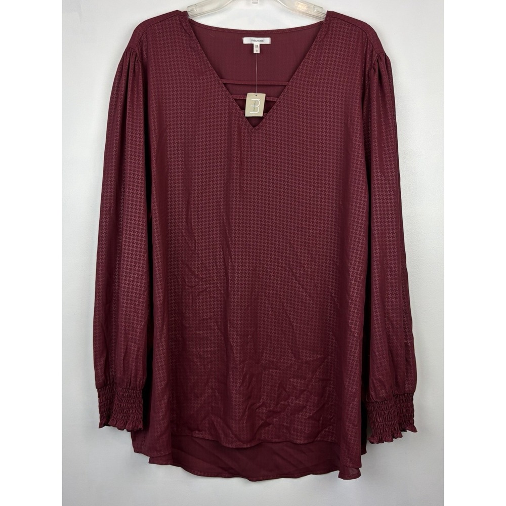 Maurices Tunic Top Womens 3X Shirt Plus Burgundy Houndstooth Office Career New